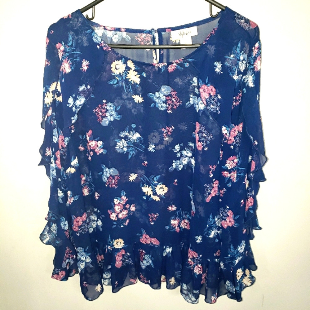 ~NEW~ Style & Co. Women's Sheer Floral Print Blouse - Blue 376